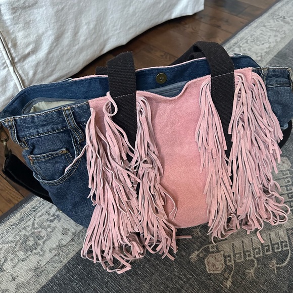 NWOT Upcycled Boho Denim and Suede Tote - Picture 3 of 12